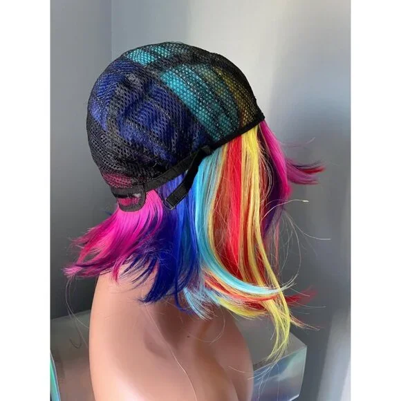 Rainbow Wig Short Wig Bright Colourful Clown Wig with Bangs 10 inch Bob Wig - Picture 9 of 9